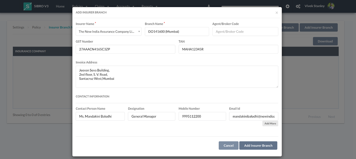 Insurer branch master